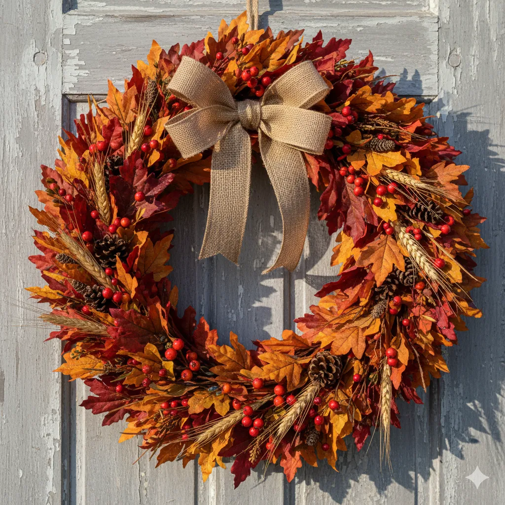 Handcrafted autumn wreath with fall foliage